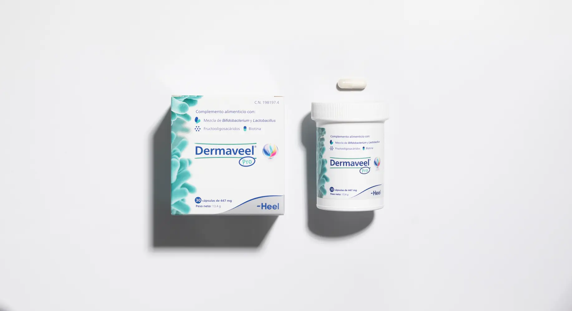 Caja, bote y cápsula de Dermaveel Pro