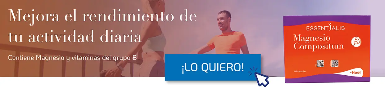 Banner promocional de suplemento Magnesio Compositum de Essentialis con magnesio y vitaminas B, diseñado para mejorar el rendimiento diario