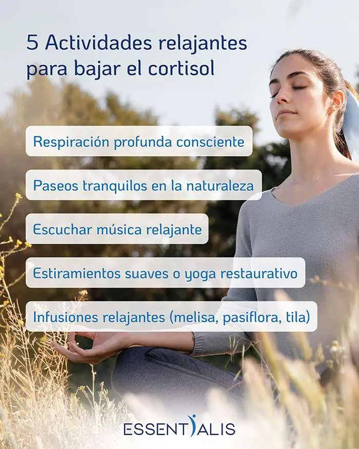 Lista visual con 5 actividades relajantes para reducir el cortisol y aliviar el estrés en verano.