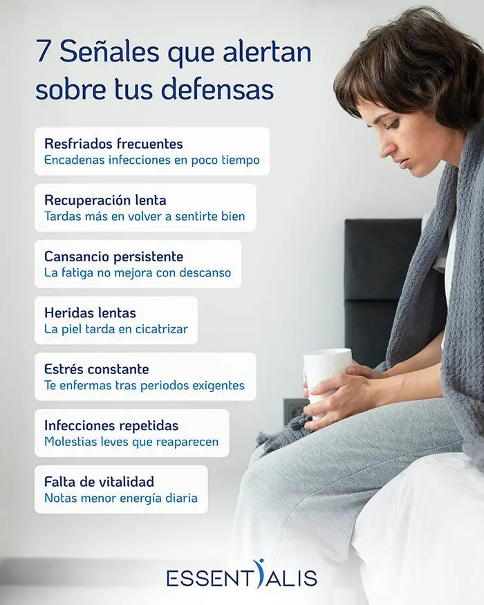 Infografía con 7 señales de defensas bajas en adultos como resfriados frecuentes, cansancio persistente, infecciones repetidas y falta de vitalidad