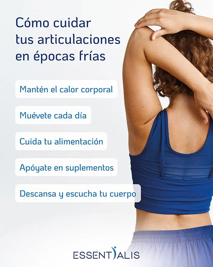 Infografía con consejos prácticos sobre cómo cuidar las articulaciones en épocas frías y prevenir rigidez.