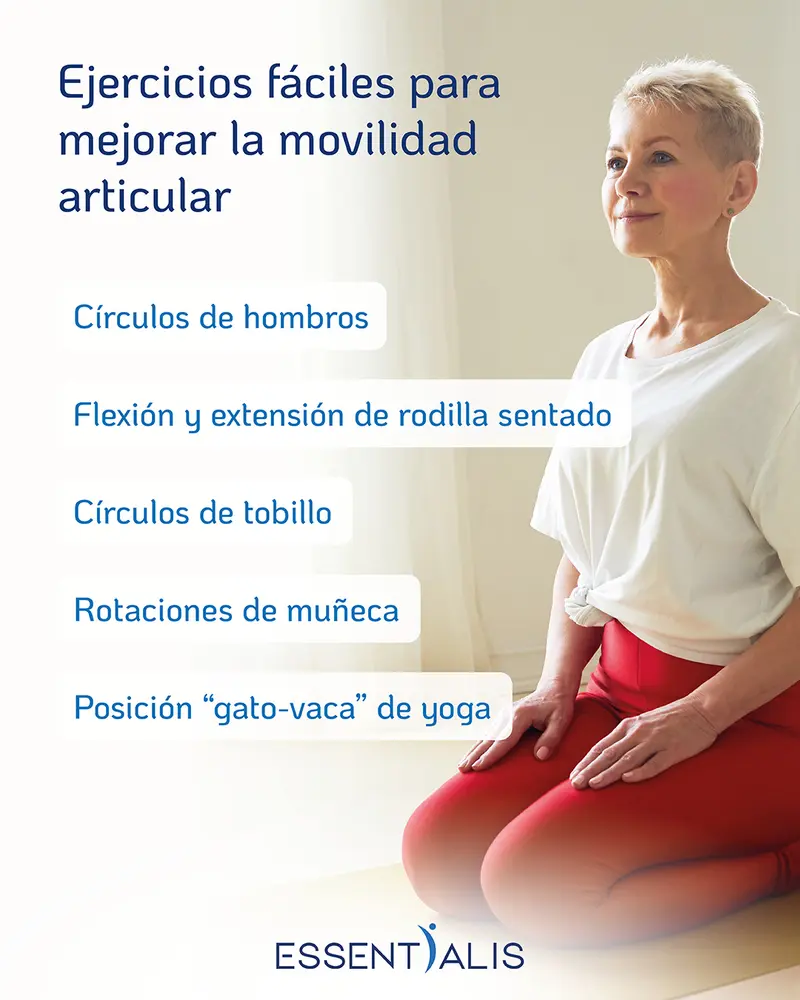 Infografía con ejercicios fáciles para mejorar la movilidad articular y aliviar la rigidez y el dolor en rodillas, hombros y muñecas.
