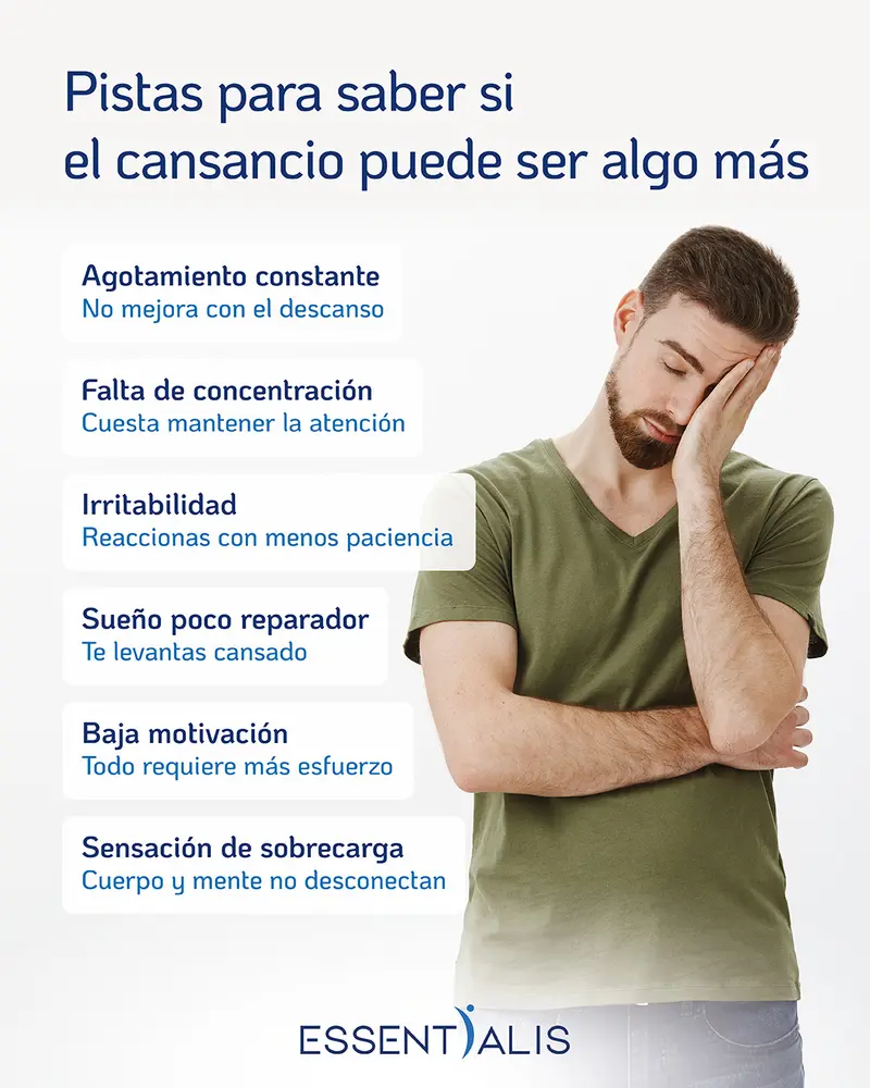 Señales de cansancio emocional y físico persistente como agotamiento constante, falta de concentración e irritabilidad