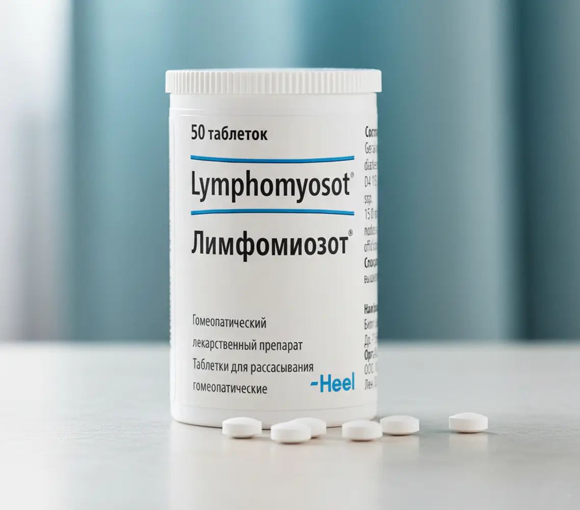 Фотография таблеток Лимфомиозот Изображение упаковки и таблеток Лимфомиозот на столе