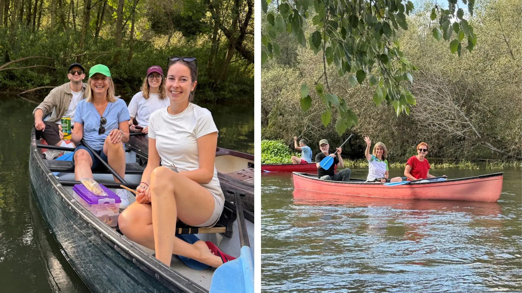 Collage vom Heel Teamevent: Ein Team macht Pause im Kanu, ein weiteres paddelt und winkt auf der Moder