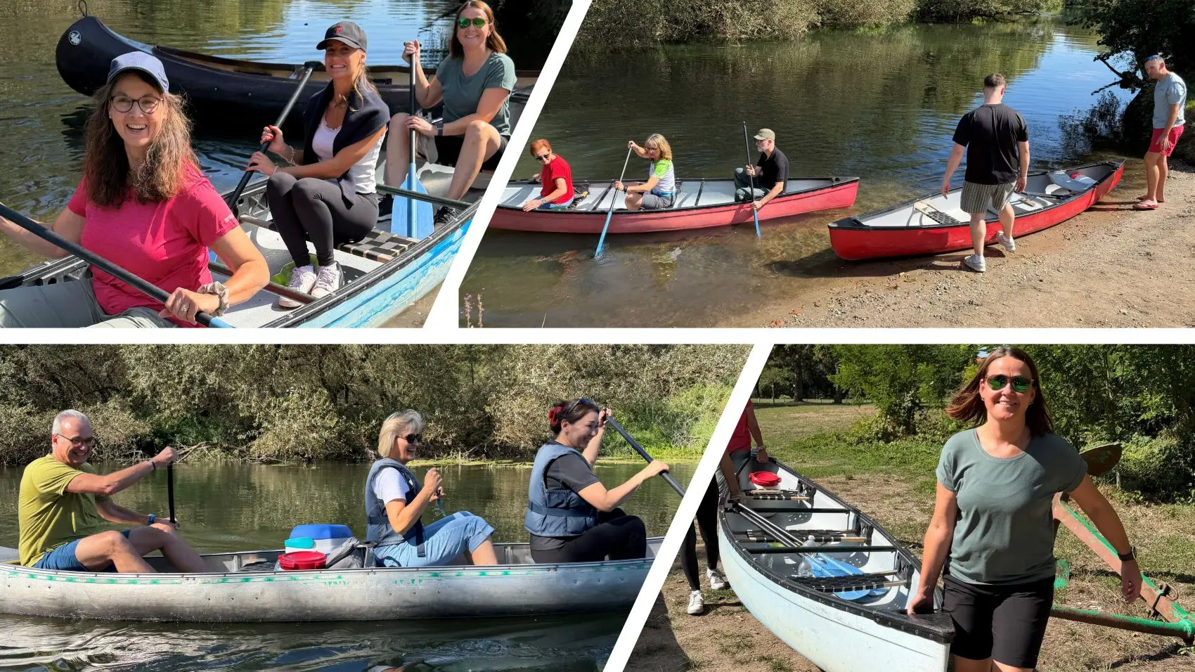 Vier Aufnahmen zeigen Mitglieder des Heel HR-Teams beim Einstieg und beim Paddeln in Kanus auf der Moder